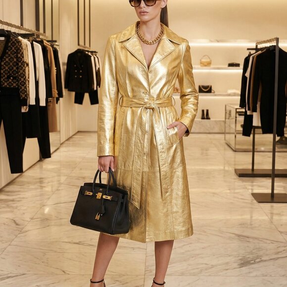 Jackets & Blazers - ⭐Luxury Designer Stylish Gold Real Genuine Leather Glamorous Jacket Coat Trench